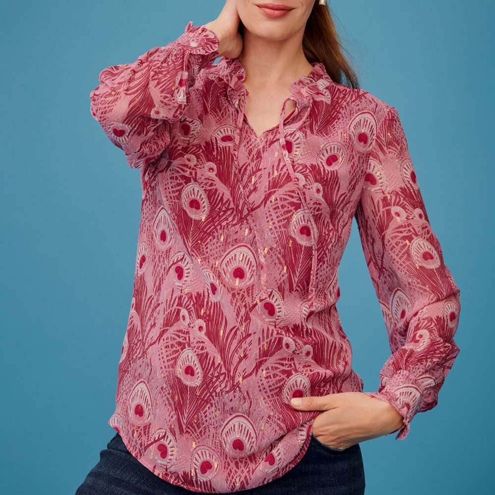 Talbots Ruffle Popover Blouse Plus Petite 3X Peacock Feathers Long Sleeve